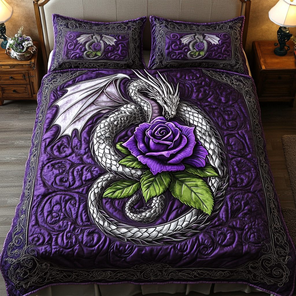 Fire Wings quilted 3-piece bedding set on a made bed with two matching pillow shams