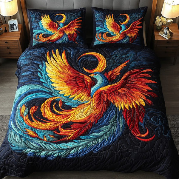 Firebird Dream quilted 3-piece bedding set on a made bed with two matching pillow shams