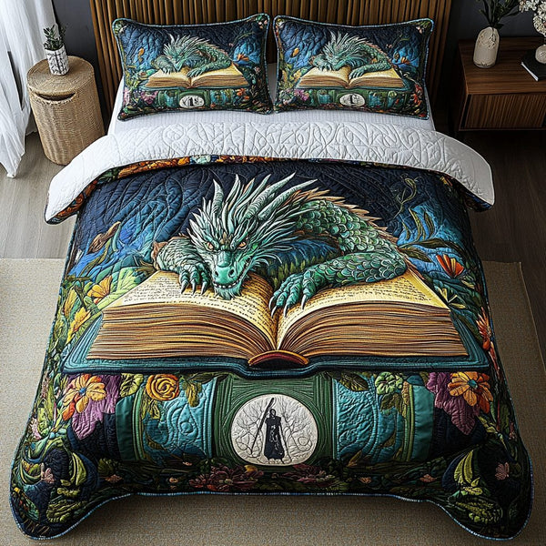 Fireborn Legend quilted 3-piece bedding set on a made bed with two matching pillow shams