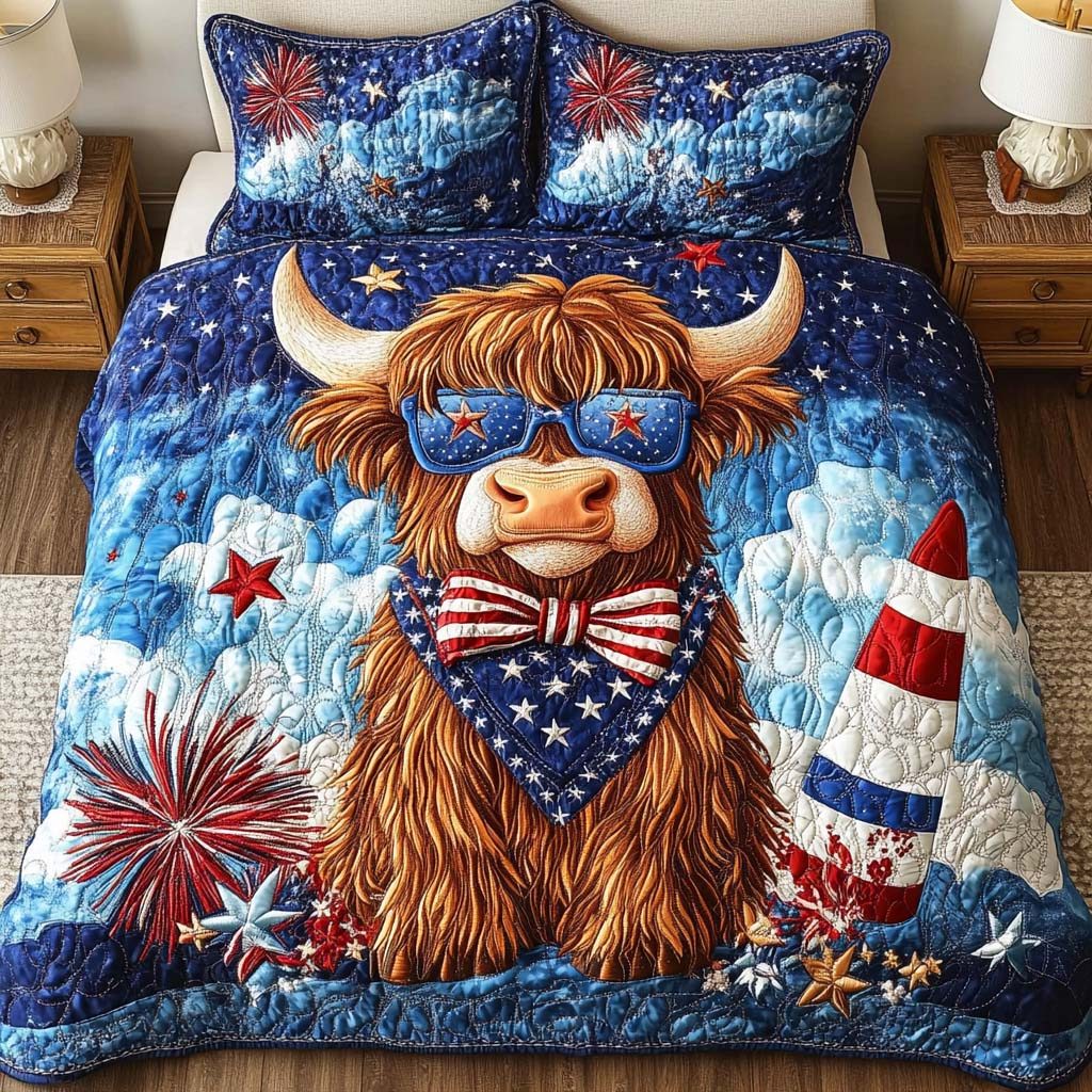 Firecracker Bull quilted 3-piece bedding set on a made bed with two matching pillow shams