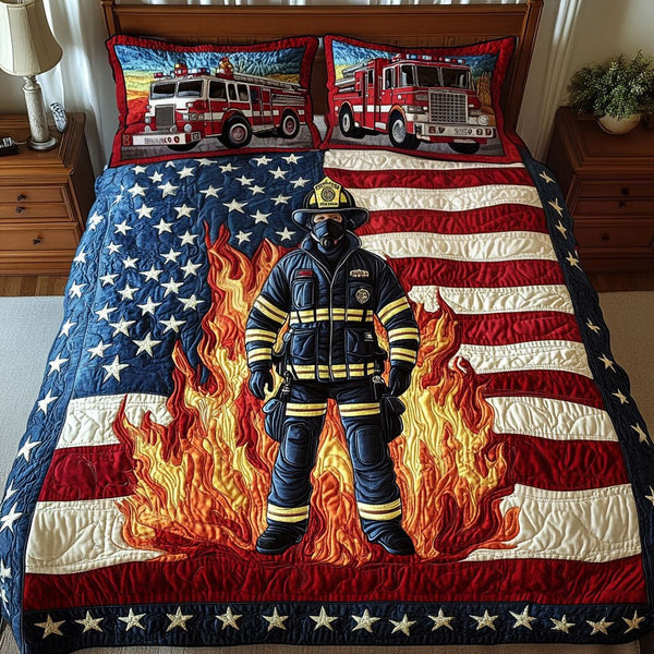 Firefighter Patriot quilted 3-piece bedding set on a made bed in a warmly lit bedroom