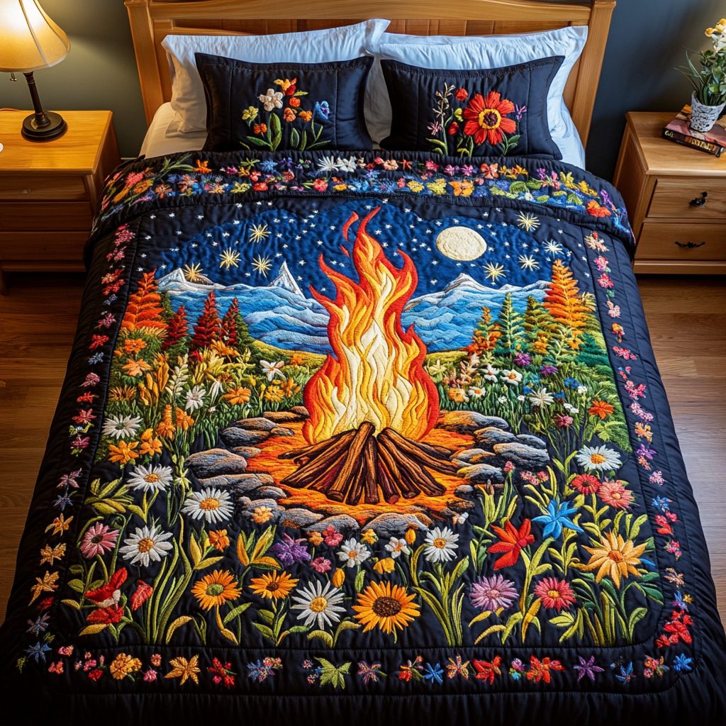 Firelight quilted 3-piece bedding set on a made bed with two matching pillow shams