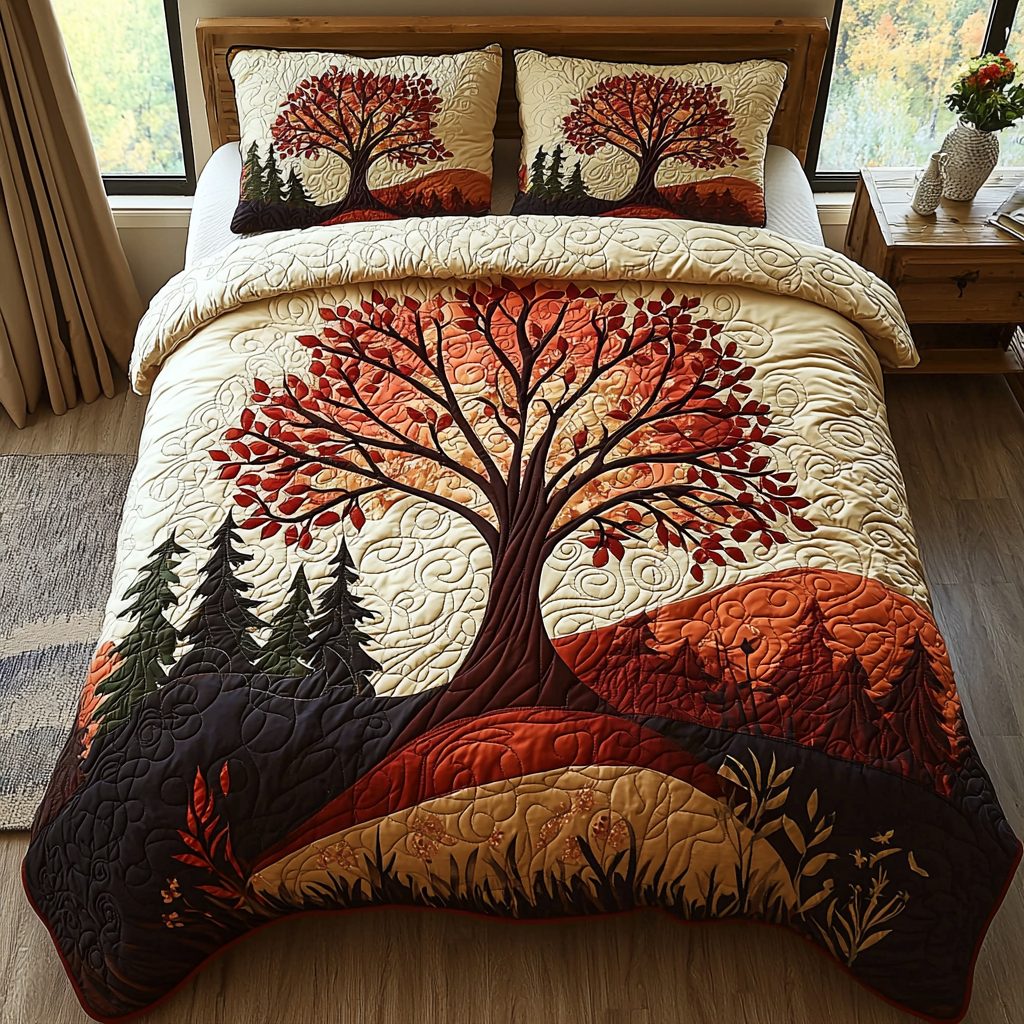 Firelight Tree quilted 3-piece bedding set on a made bed with two matching pillow shams