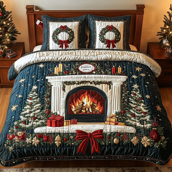 Fireplace Dreams quilted 3-piece bedding set on a made bed with two matching pillow shams