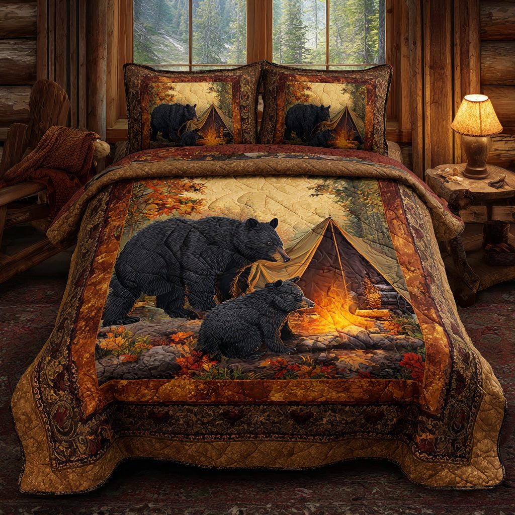 Fireside Black Bear quilted 3-piece bedding set on a made bed with two matching pillow shams