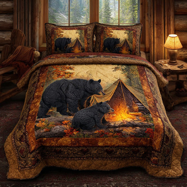 Fireside Black Bear quilted 3-piece bedding set on a made bed with two matching pillow shams