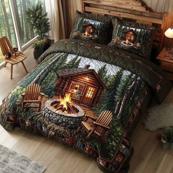 Fireside Escape quilted 3-piece bedding set on a made bed with two matching pillow shams