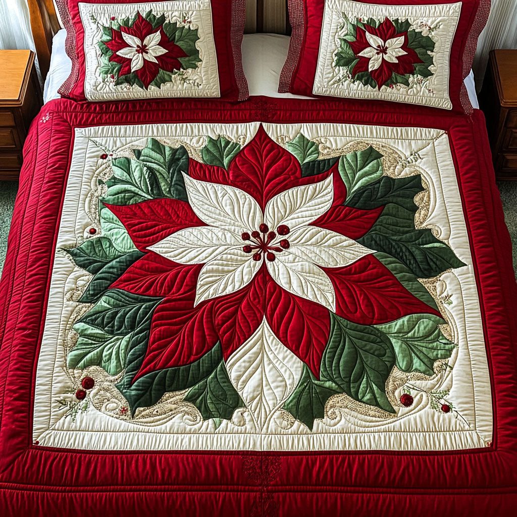 Fireside Festive Spirit quilted 3-piece bedding set on a made bed in a winter-styled bedroom