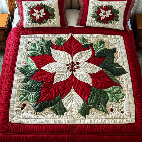 Fireside Festive Spirit quilted 3-piece bedding set on a made bed in a winter-styled bedroom