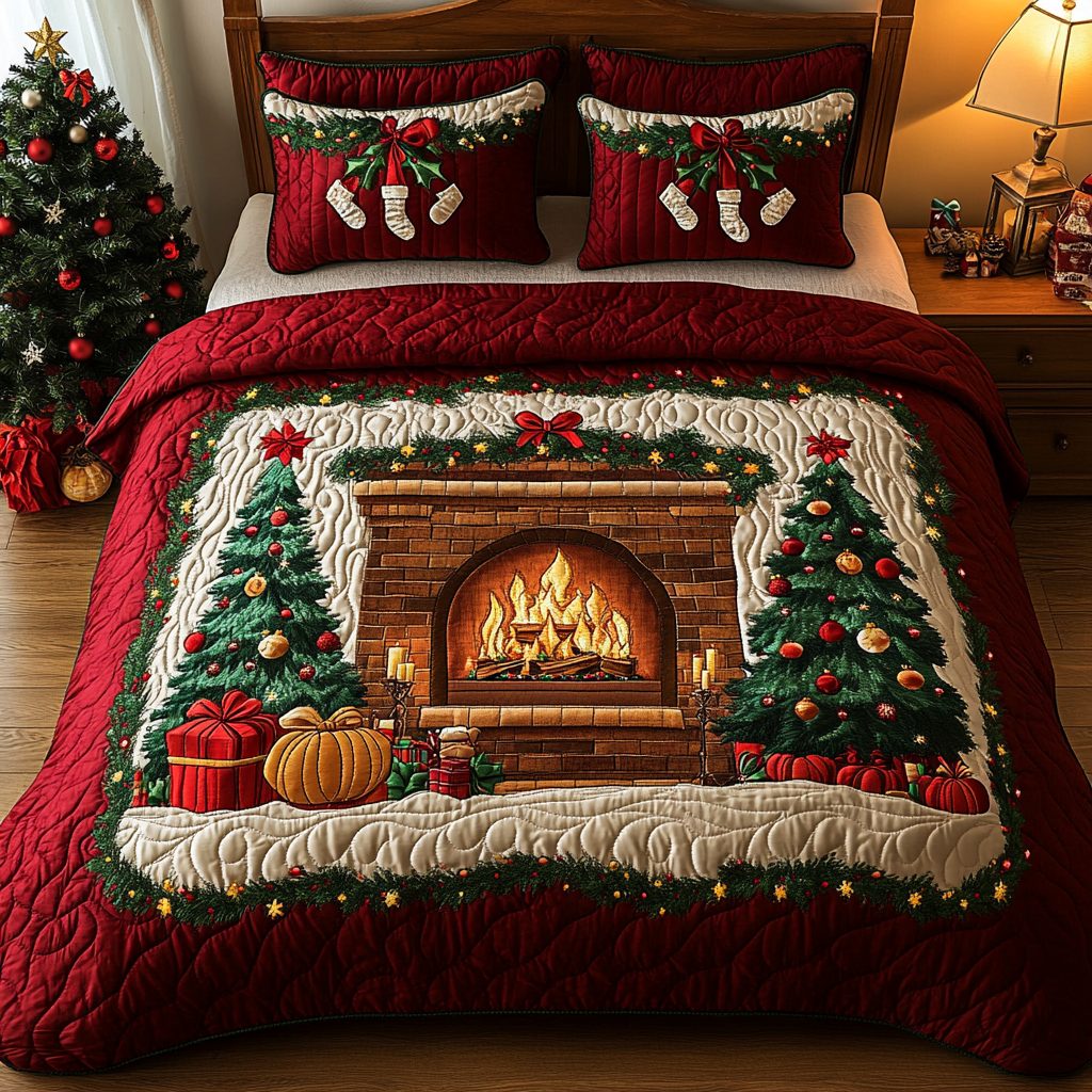 Fireside Glow quilted 3-piece bedding set on a made bed with two matching pillow shams