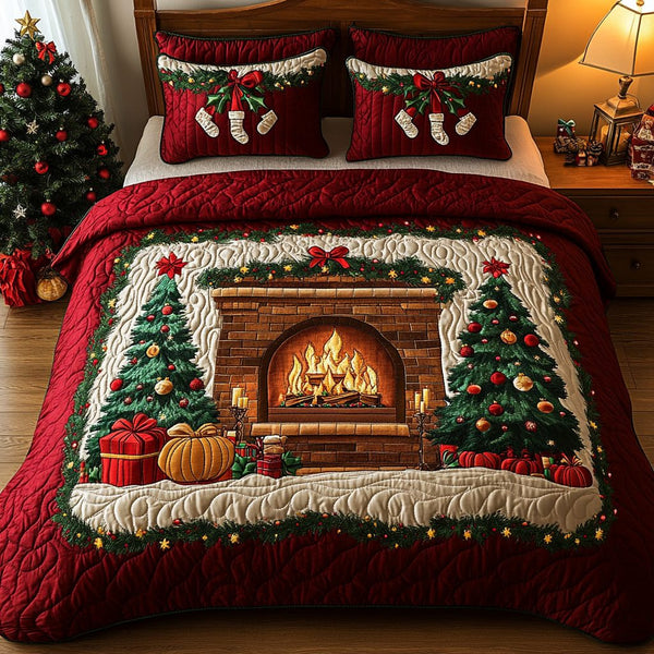 Fireside Glow quilted 3-piece bedding set on a made bed with two matching pillow shams