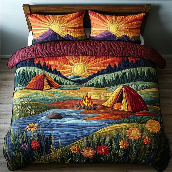 Fireside Glow quilted 3-piece bedding set on a made bed with two matching pillow shams