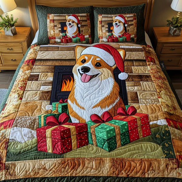 Fireside Glow quilted 3-piece bedding set on a made bed with two matching pillow shams
