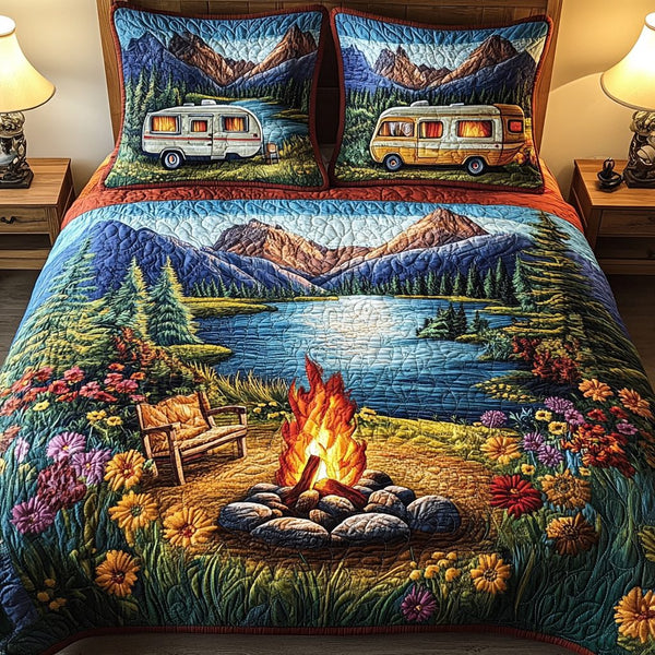 Fireside Rest quilted 3-piece bedding set on a made bed with two matching pillow shams