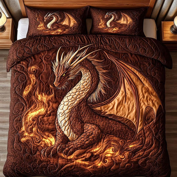 Firestorm Guardian quilted 3-piece bedding set on a made bed with two matching pillow shams
