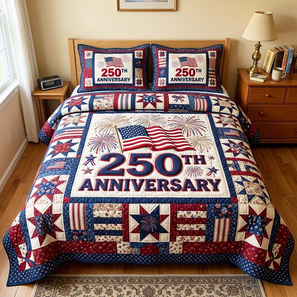 Firework Flag quilted 3-piece bedding set on a made bed in a warmly lit bedroom