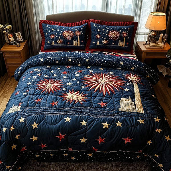 Firework Glory quilted 3-piece bedding set on a made bed with two matching pillow shams