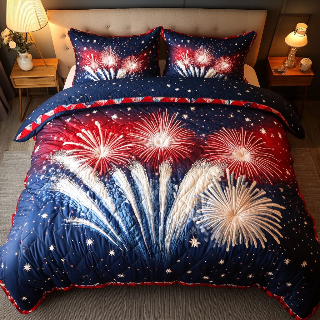 Firework Night quilted 3-piece bedding set on a made bed with two matching pillow shams