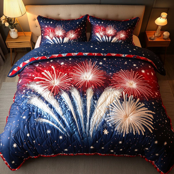 Firework Night quilted 3-piece bedding set on a made bed with two matching pillow shams