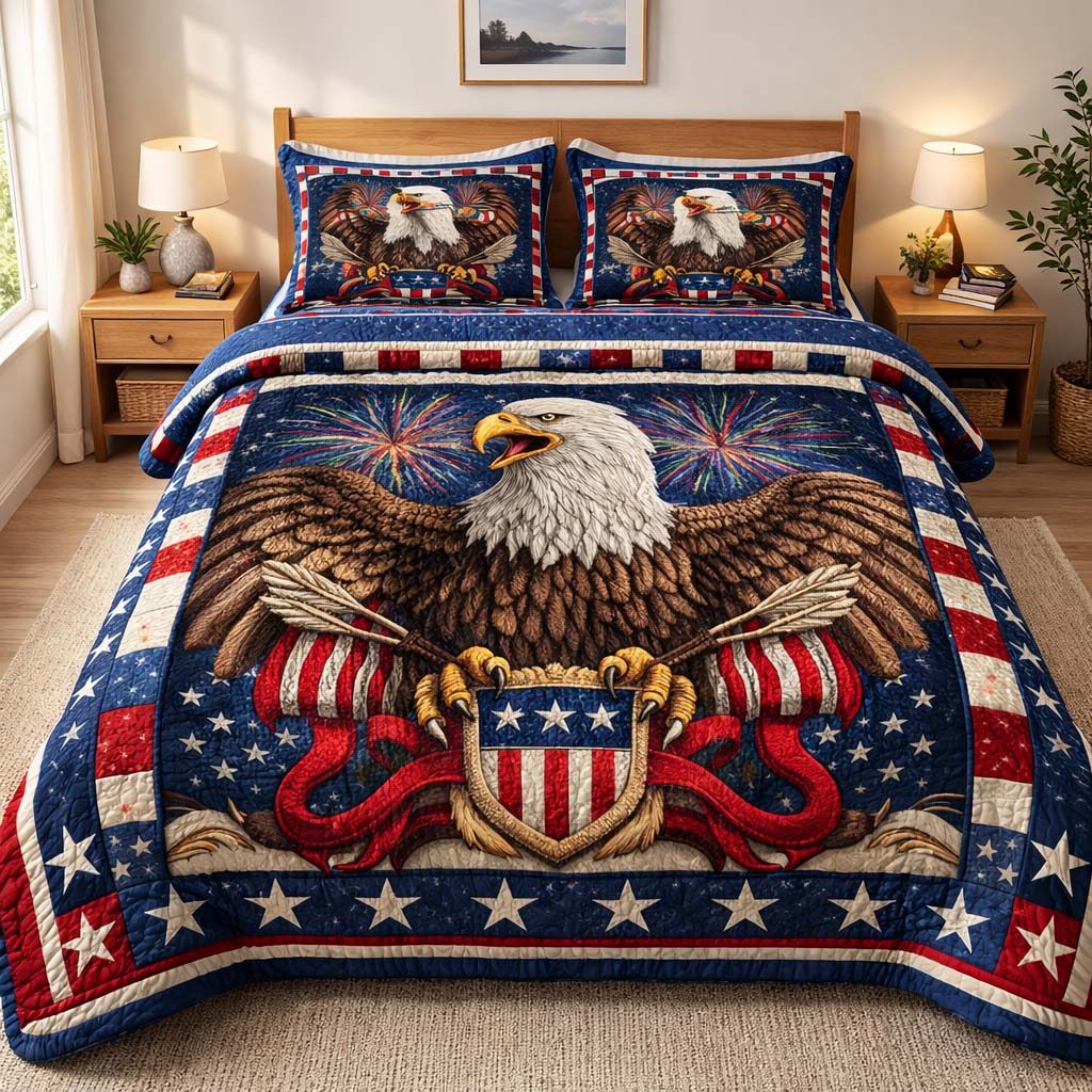 Firework Valor quilted 3-piece bedding set on a made bed with two matching pillow shams