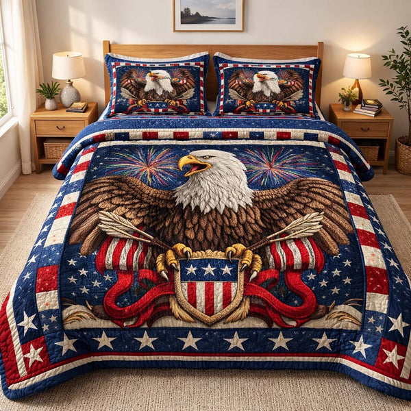 Firework Valor quilted 3-piece bedding set on a made bed with two matching pillow shams