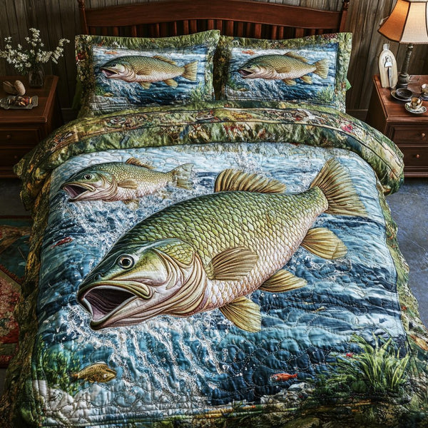 Fish Frenzy quilted 3-piece bedding set on a made bed with two matching pillow shams