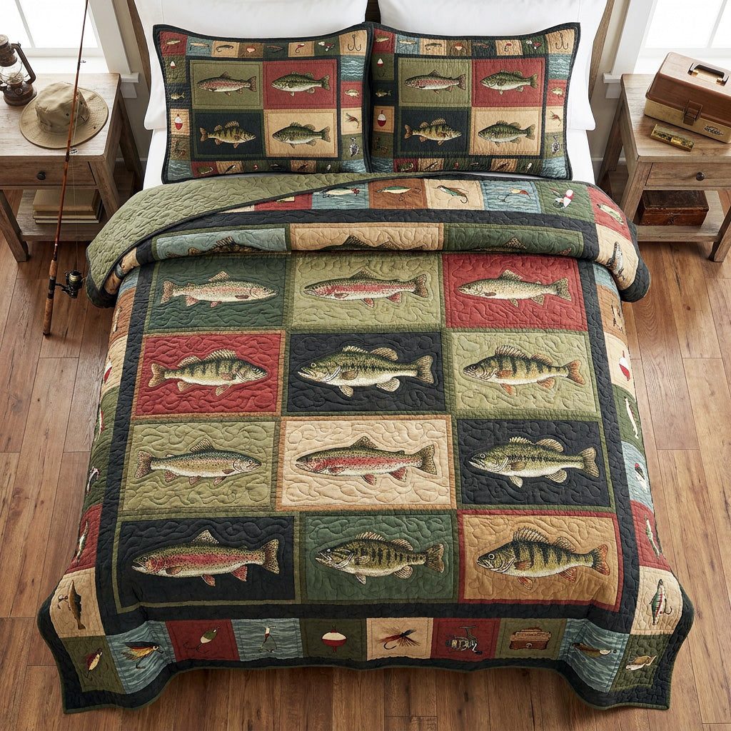 Fish Heritage quilted 3-piece bedding set on a made bed in a farmhouse bedroom