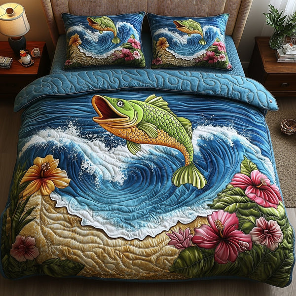 Fish Paradise quilted 3-piece bedding set on a made bed with two matching pillow shams