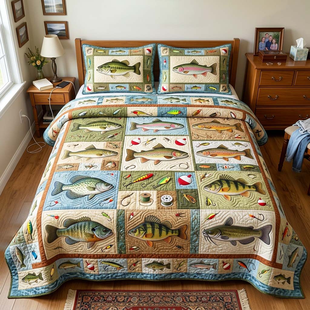 Fish Patch quilted 3-piece bedding set on a made bed with two matching pillow shams