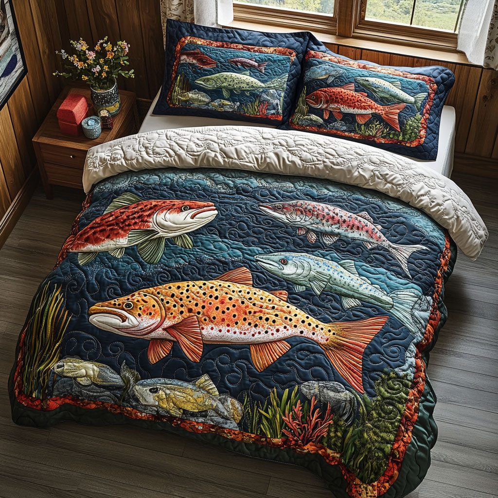 Fish Tales quilted 3-piece bedding set on a made bed with two matching pillow shams