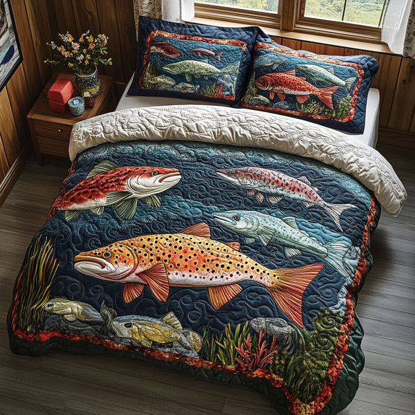 Fish Tales quilted 3-piece bedding set on a made bed with two matching pillow shams