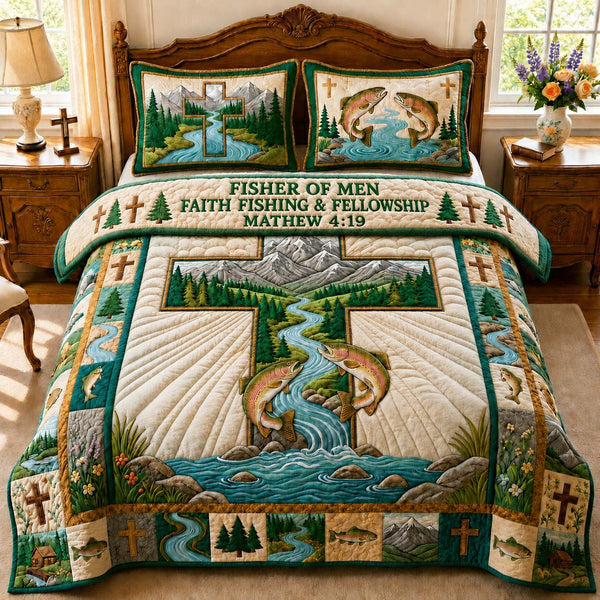 Fisher Of Men quilted 3-piece bedding set on a made bed with two matching pillow shams