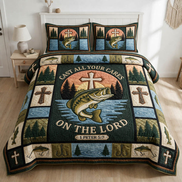 Fisher Of Men quilted 3-piece bedding set on a made bed with two matching pillow shams