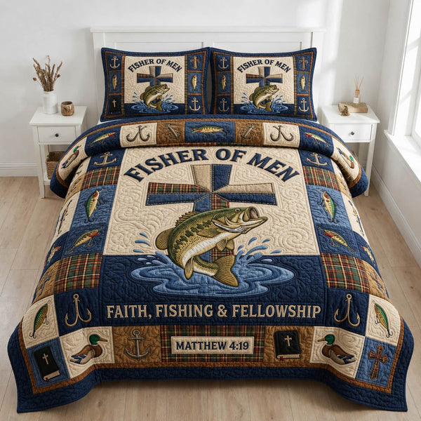 Fisher Of Men quilted 3-piece bedding set on a made bed with two matching pillow shams