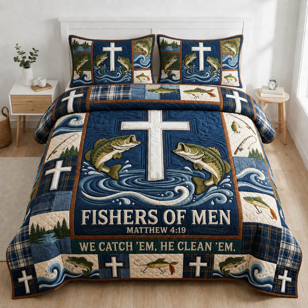 Fisher Of Men quilted 3-piece bedding set on a made bed with two matching pillow shams