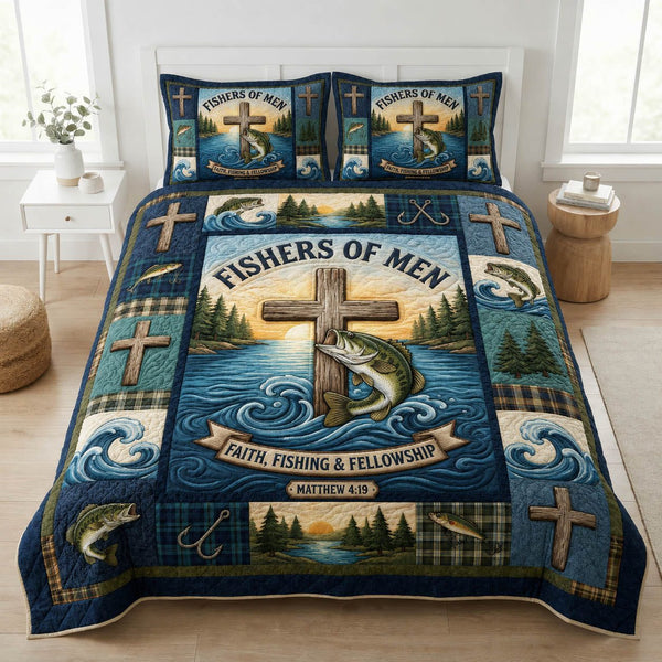 Fisher Of Men quilted 3-piece bedding set on a made bed with two matching pillow shams