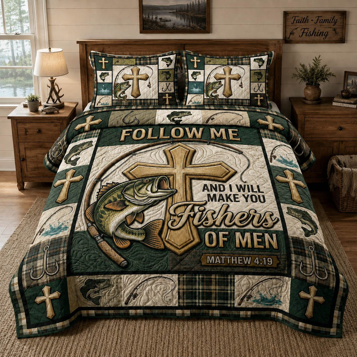 Fisher Of Men quilted 3-piece bedding set on a made bed with two matching pillow shams