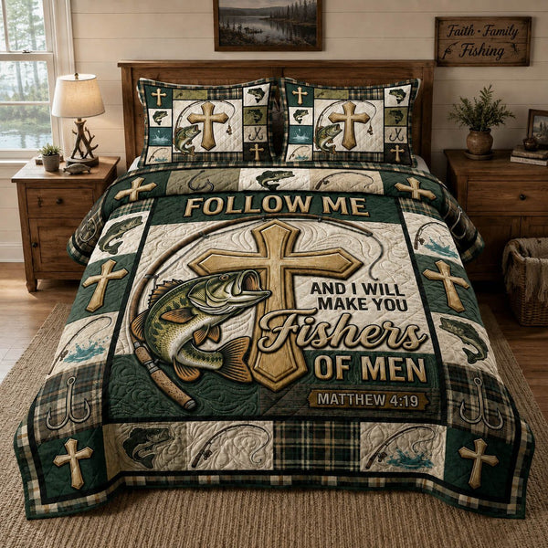 Fisher Of Men quilted 3-piece bedding set on a made bed with two matching pillow shams