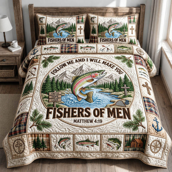 Fisher Of Men quilted 3-piece bedding set on a made bed with two matching pillow shams