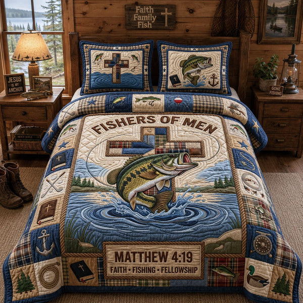 Fisher Of Men quilted 3-piece bedding set on a made bed with two matching pillow shams