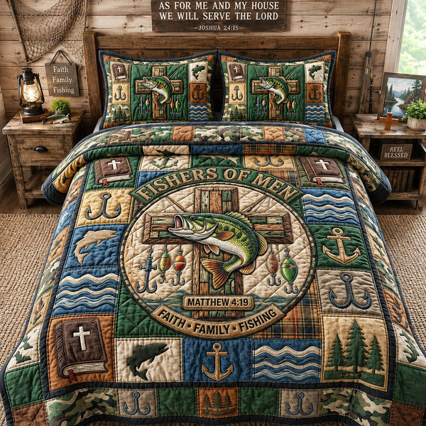 Fisher Of Men quilted 3-piece bedding set on a made bed with two matching pillow shams