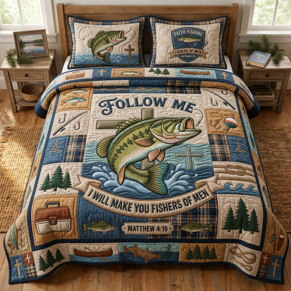 Fisher Of Men quilted 3-piece bedding set on a made bed with two matching pillow shams