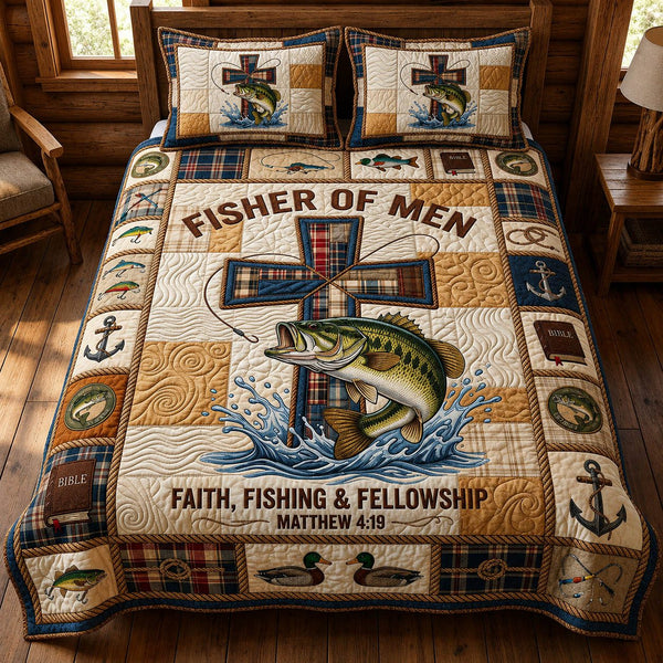 Fishers of Men Bass quilted 3-piece bedding set on a made bed with two matching pillow shams