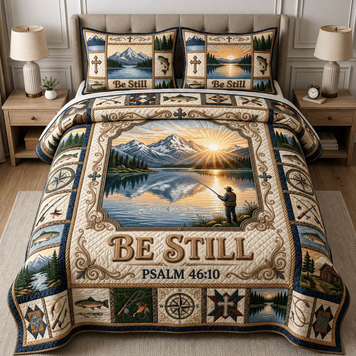 Fishing Be Still quilted 3-piece bedding set on a made bed with two matching pillow shams