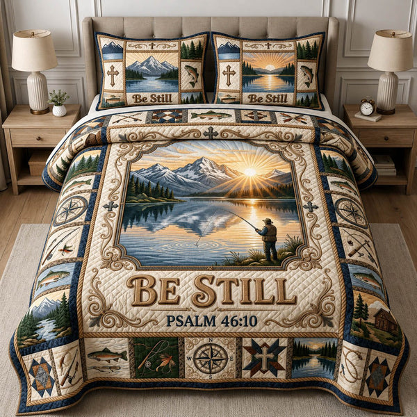 Fishing Be Still quilted 3-piece bedding set on a made bed with two matching pillow shams