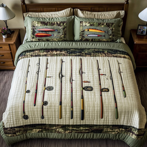 Fishing Bed Delight quilted 3-piece bedding set on a made bed with two matching pillow shams