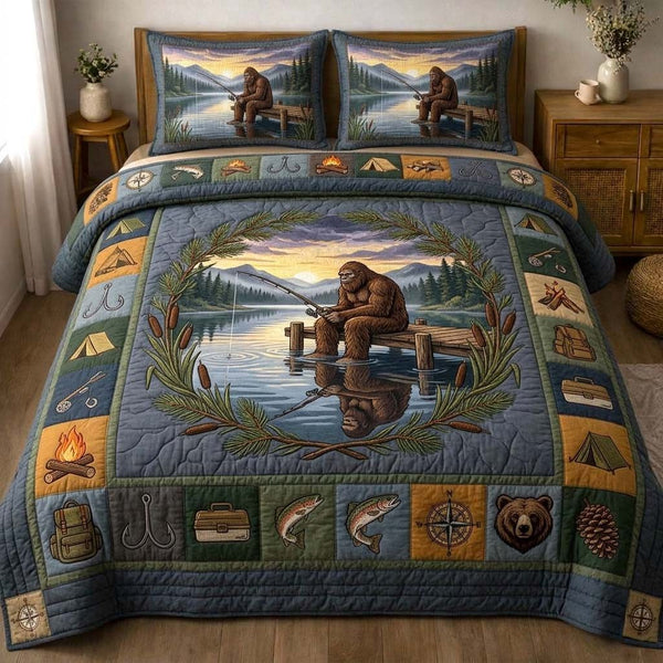 Fishing Bigfoot quilted 3-piece bedding set on a made bed with two matching pillow shams
