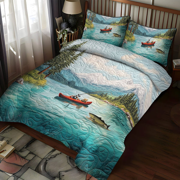 Fishing Bliss quilted 3-piece bedding set on a made bed with two matching pillow shams
