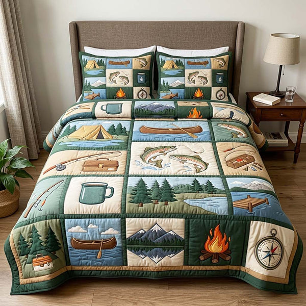 Fishing Camp quilted 3-piece bedding set on a made bed with two matching pillow shams
