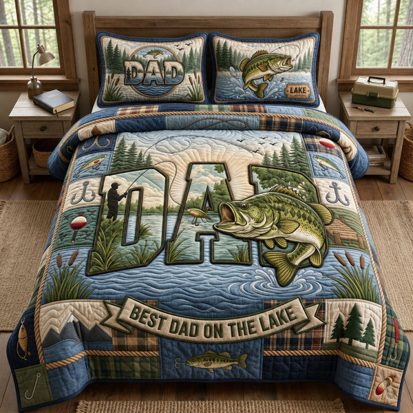 Fishing Dad quilted 3-piece bedding set on a made bed with two matching pillow shams